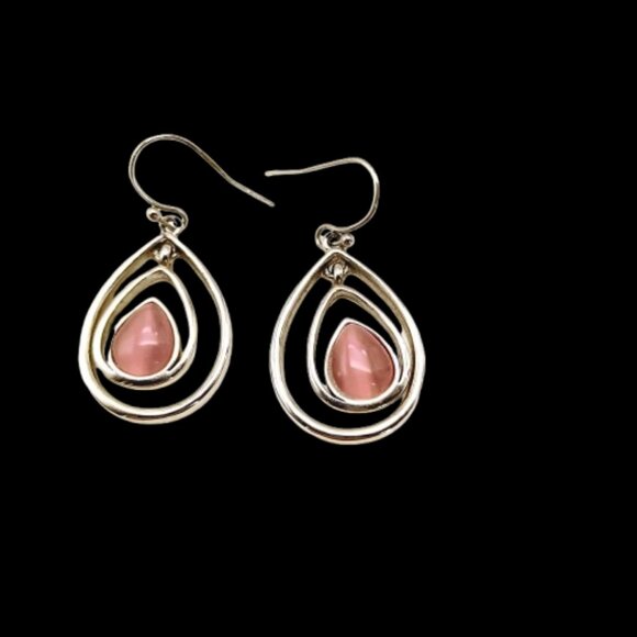 Lia Sophia Teardrop Dangle Earrings Pink Rose Glass Stone Silvertone Double Hoop - Picture 6 of 11